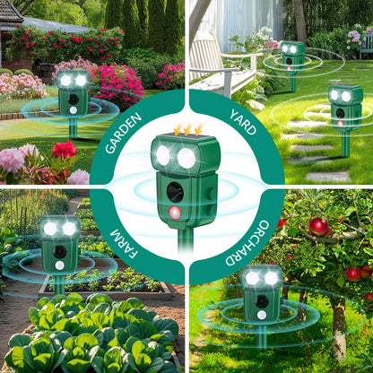 Ultrasonic Animal Repellent Outdoor, Solar Power Cat Raccoon Deer Repeller, Rabbit Snake Control with Motion Sensor and Flash Light, Waterproof Squirrel Skunk Deterrent for Yard Farm Garden