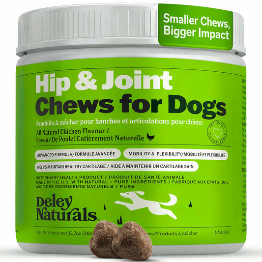 Deley Naturals Hip and Joint Supplement for Dogs - Glucosamine Chondroitin MSM & Collagen for Dogs - Dog Joint Supplement, Smaller Chews, Low Calories, Same Ingredients - 120 Chicken Flavor Chews