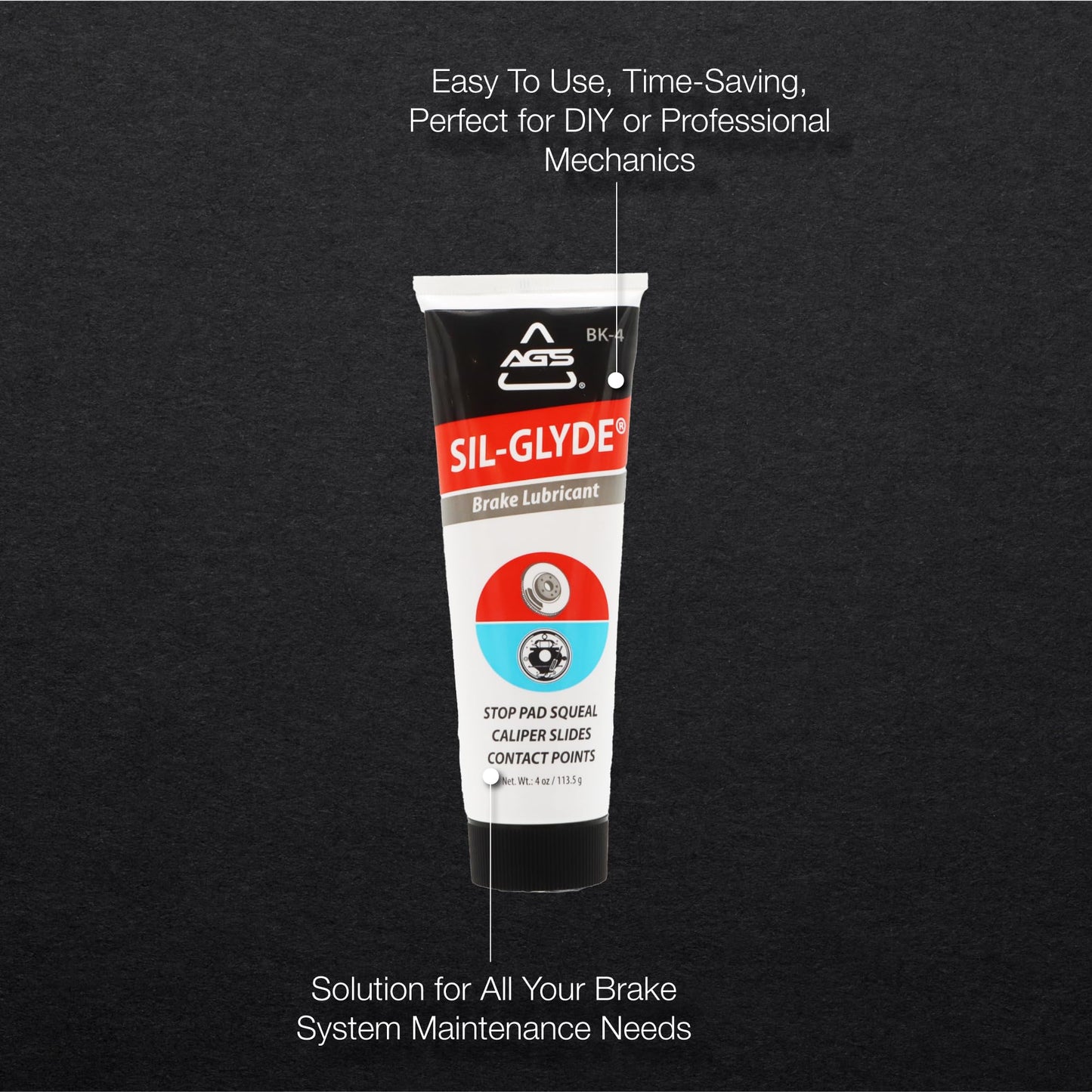 AGS SIL-Glyde 4 oz Tube Silicone Based Brake Assembly Lubricant for Eliminating Disc Brake Squeal - Moisture Proof, Heat Resistant, Rust and Corrosion Protector AGS