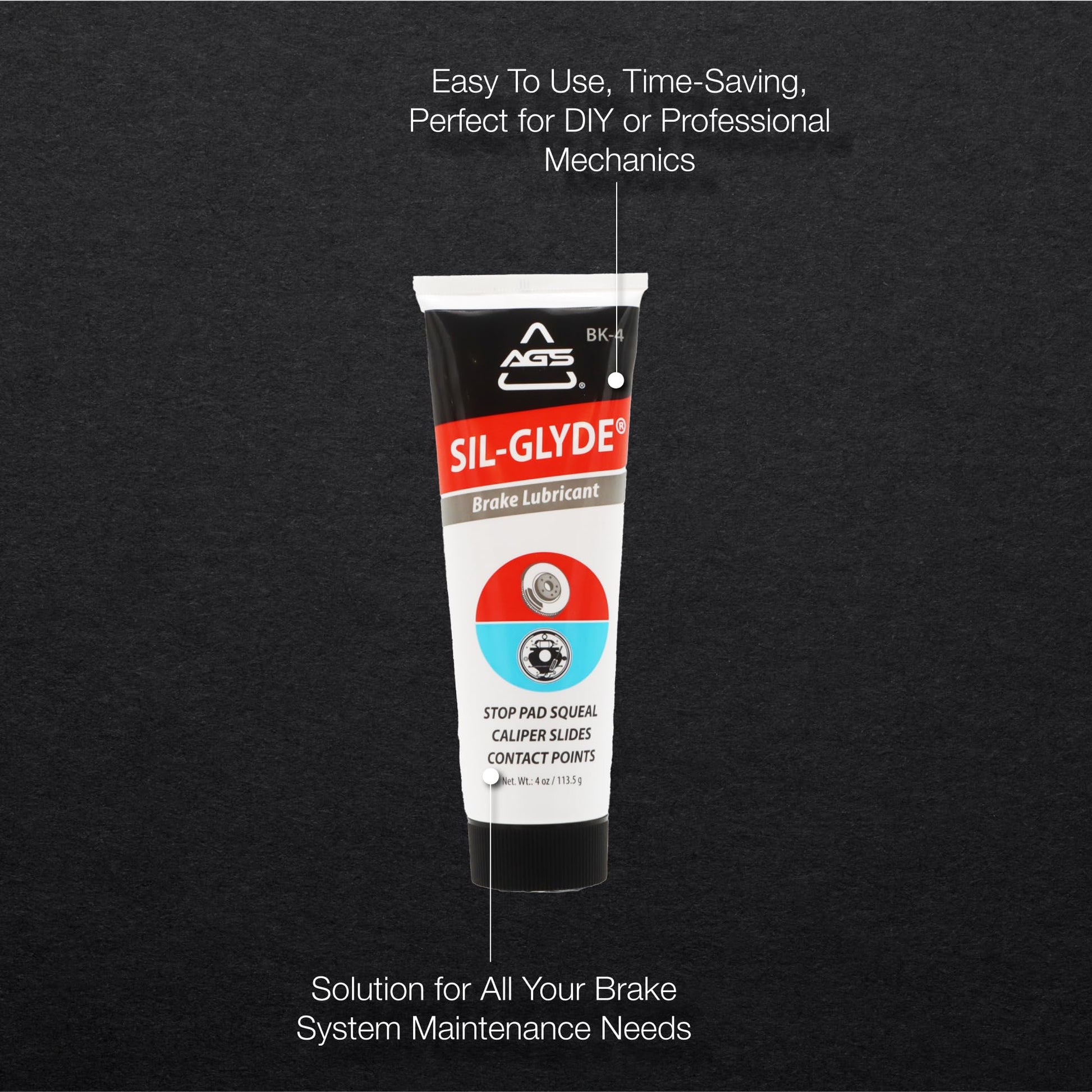 AGS SIL-Glyde 4 oz Tube Silicone Based Brake Assembly Lubricant for Eliminating Disc Brake Squeal - Moisture Proof, Heat Resistant, Rust and Corrosion Protector AGS