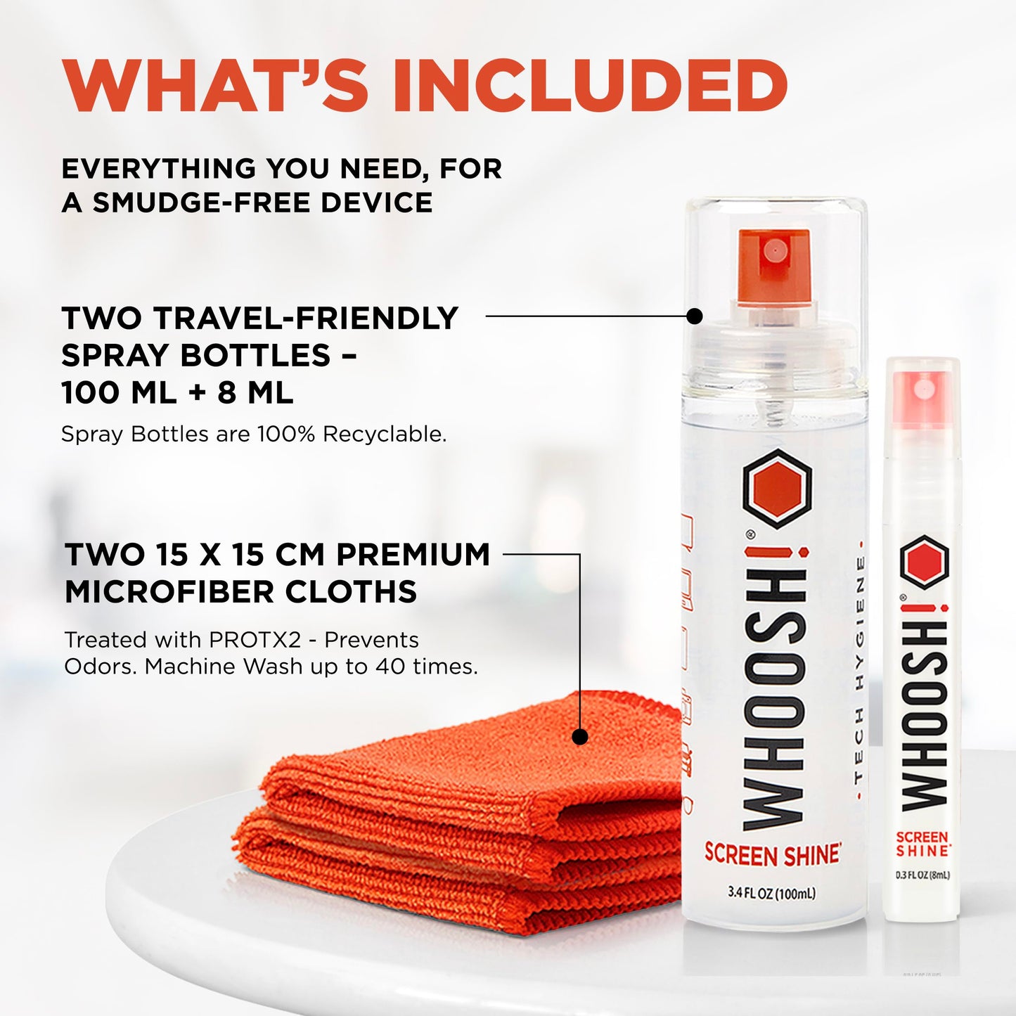 WHOOSH! Screen Shine Duo – Safe & Streak Free Electronics Cleaner for TV, OLED, MacBook, Laptop, Monitor and Car – Eyeglass Cleaner with 100ml + 8ml Bottles and 2 Microfiber Cloths 15x15 cm