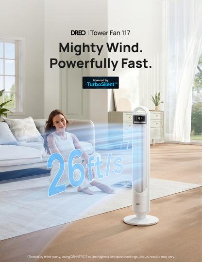 DREO Tower Fan for Bedroom, 90° Oscillating Standing Fans for Room with 4 Speeds, 3 Modes, 28dB Quiet for Sleep, 25ft/s Velocity, 8H Timer, Remote, Living Room, Office, Home, Black, TF117