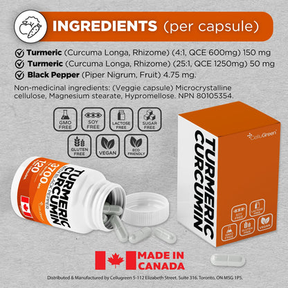 CelluGreen Turmeric Curcumin 3,700mg with Black Pepper Extract — 95% Curcuminoids for Joint Pain Relief & Anti-Inflammatory Support | Curcuma Longa | Non-GMO, Gluten-Free, Made in Canada | 120 Capsules - Available at All In One Marketplace Canada