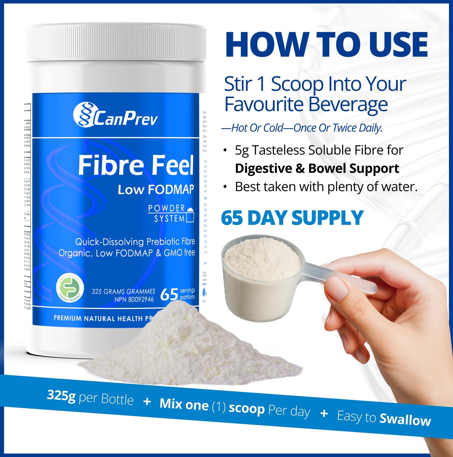 CanPrev Organic Fibre Feel Powder 325g, 65 Servings, Unflavoured & Easy to Mix, Promotes Digestive Wellness & Regularity, Quick-Dissolving & Gentle, Natural Ingredients, Perfect for Smoothies & Shakes - Available at All In One Marketplace Canada