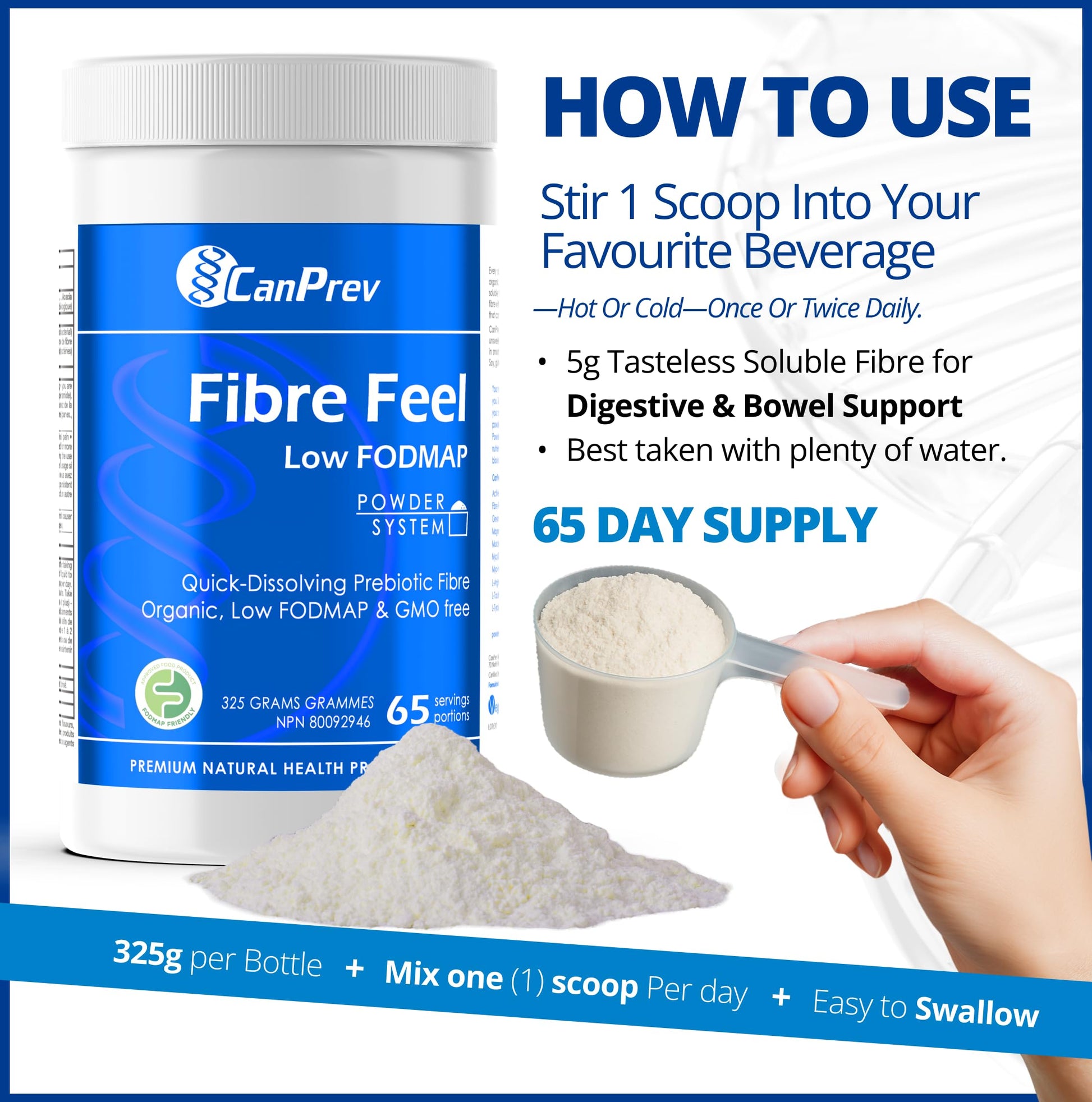 CanPrev Organic Fibre Feel Powder 325g, 65 Servings, Unflavoured & Easy to Mix, Promotes Digestive Wellness & Regularity, Quick-Dissolving & Gentle, Natural Ingredients, Perfect for Smoothies & Shakes - Available at All In One Marketplace Canada
