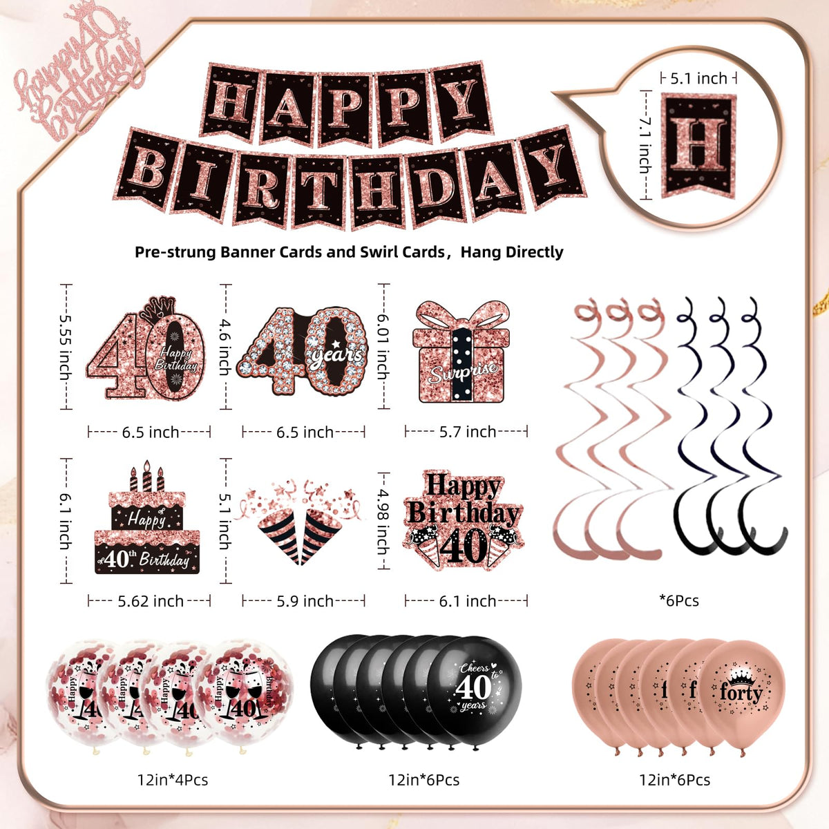 50Pcs 40th Birthday Decorations for Women,Rose Gold Black Pre-Assembled Set 🍁 All In One Marketplace Canada