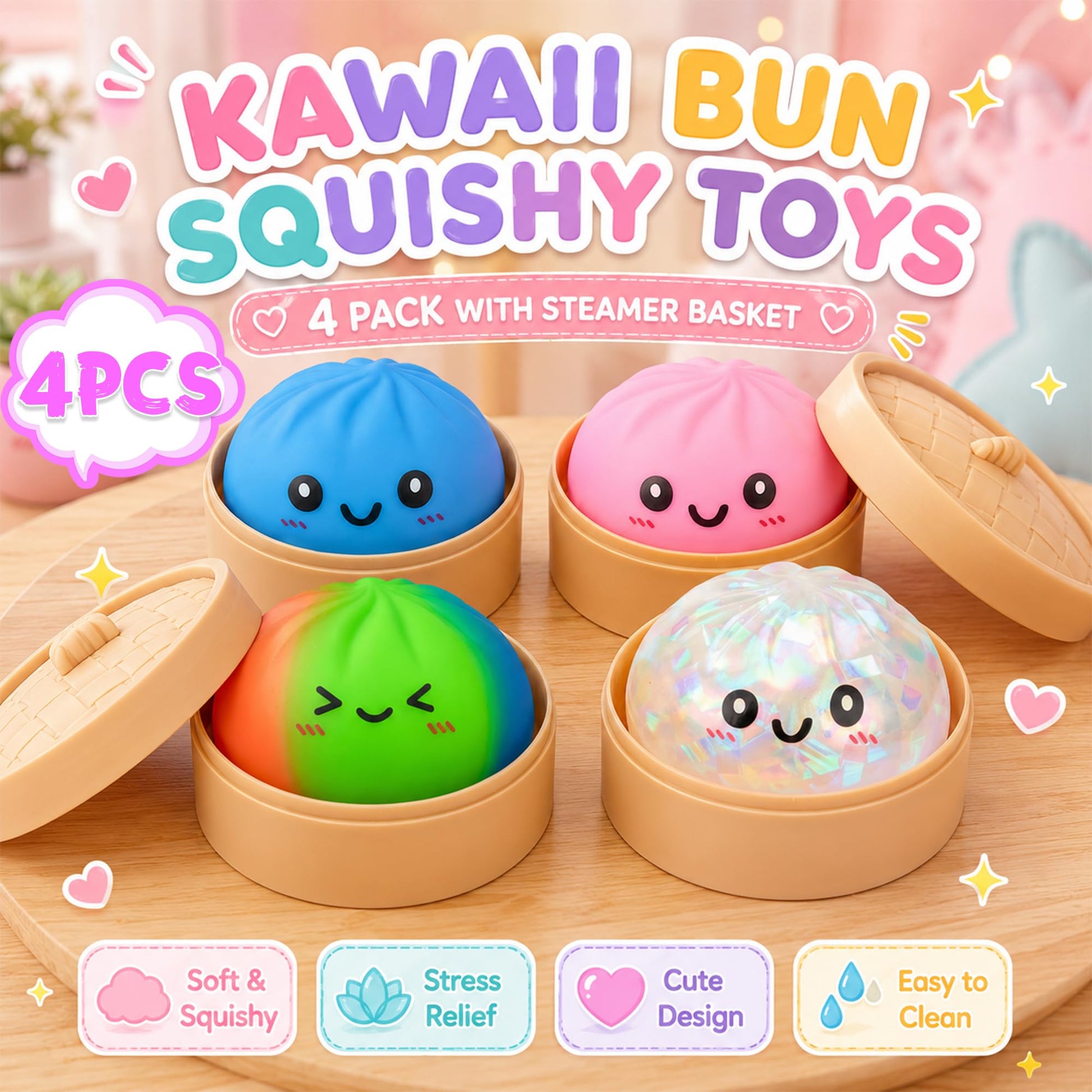 Dumpling Squishy Toys, 4 Pack Slow Rising Glitter Squishies, Cute Squishy Dumpling Stress Ball Squeeze Toys, Fidget Sensory Squishy Food for Kids Adults, Easter Basket Stuffers(Colorful)
