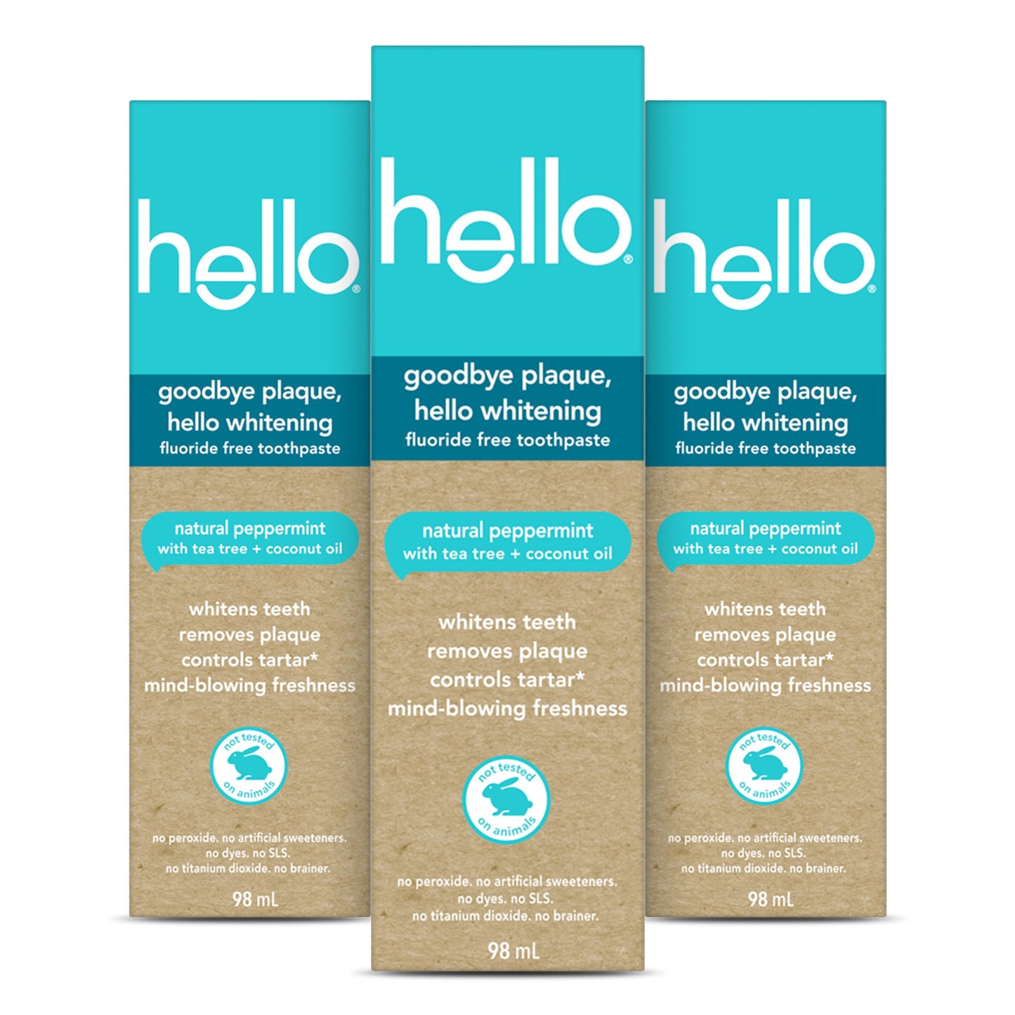 Hello Goodbye Plaque-hello Whitening Toothpaste, Fluoride Free, Vegan & sls Free, Natural Peppermint with Tea Tree & Coconut Oil, 98ml, Pack of 3, Amazon Exclusive
