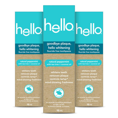 Hello Goodbye Plaque-hello Whitening Toothpaste, Fluoride Free, Vegan & sls Free, Natural Peppermint with Tea Tree & Coconut Oil, 98ml, Pack of 3, Amazon Exclusive
