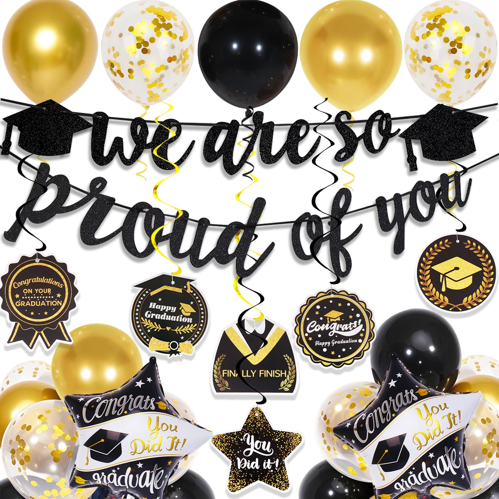 Graduation Decorations 2026, grad 2026 decorations with We Are So Proud of You Banner, Graduation Balloons, Congratulations Hanging Swirls for class of 2025 decorations - Available at All In One Marketplace Canada