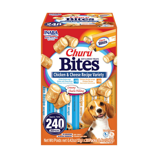 INABA Churu Bites for Dogs, Soft & Chewy Dog Treats with Vitamin E, 11.9 Grams Each Tube, 20 Tubes, Chicken & Cheese Variety Box - Available at All In One Marketplace Canada