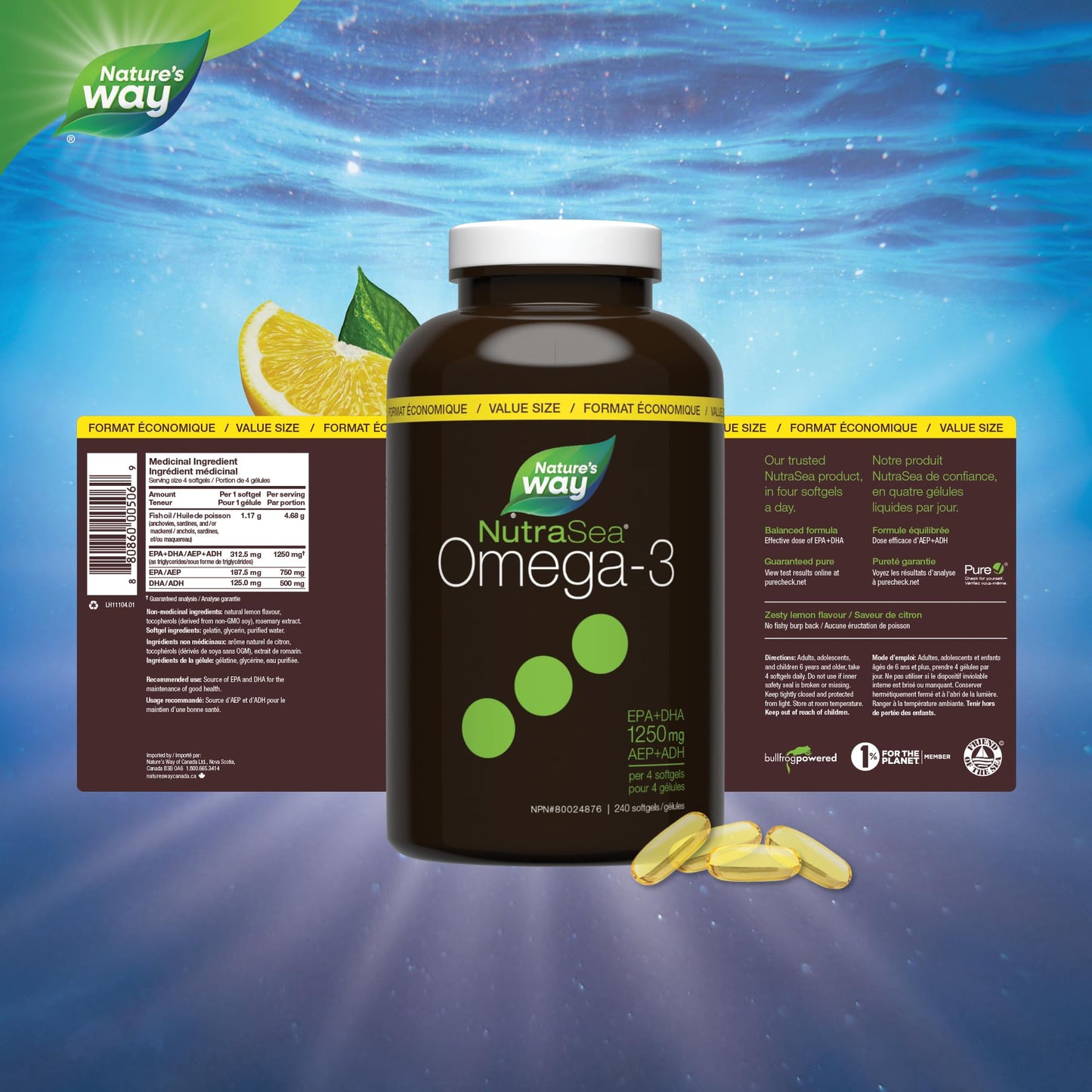 Nature's Way NutraSea Omega 3 Softgels Supplement with Fish Oil – Zesty Lemon Flavour – Heart & Brain Support for Kids Ages 6+ and Adults – EPA & DHA, 240 Softgels, Value Size - Available at All In One Marketplace Canada