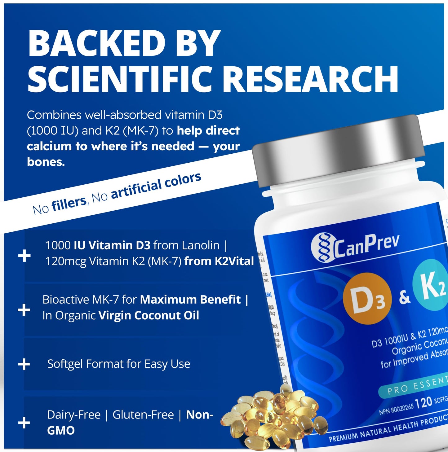 CanPrev D3 & K2 Vitamins 120 Softgels, 120-Day Supply, 1000IU Vitamin D3 & 120mcg K2, Supports Strong Bones, Teeth & Heart Wellness, Easy-to-Absorb with Organic Coconut Oil, No GMO, Gluten, Soy, Dairy
