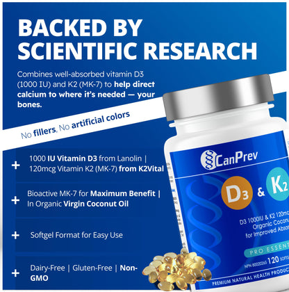 CanPrev D3 & K2 Vitamins 120 Softgels, 120-Day Supply, 1000IU Vitamin D3 & 120mcg K2, Supports Strong Bones, Teeth & Heart Wellness, Easy-to-Absorb with Organic Coconut Oil, No GMO, Gluten, Soy, Dairy
