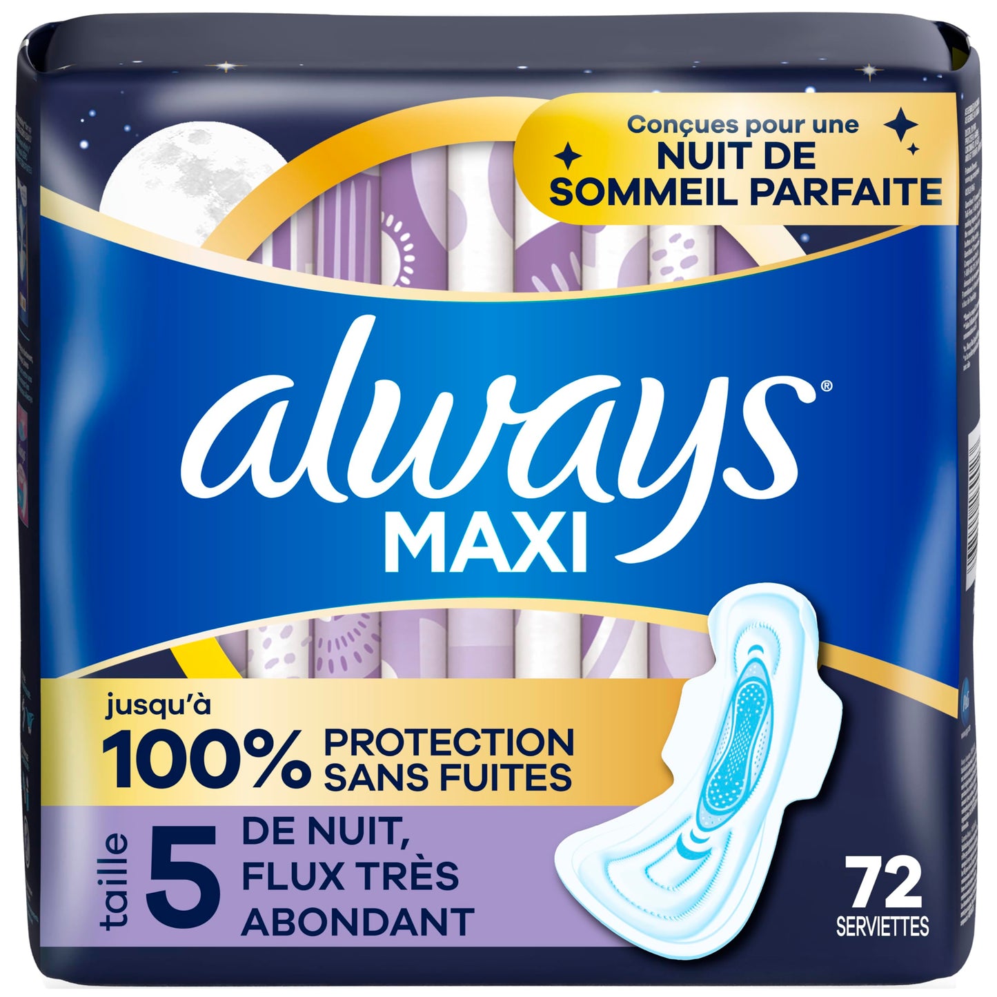 ALWAYS MAXI OVERNIGHT PADS WITH WINGS, SIZE 5, EXTRA HEAVY OVERNIGHT, UNSCENTED, 72 COUNT TOTAL (PACK OF 3)