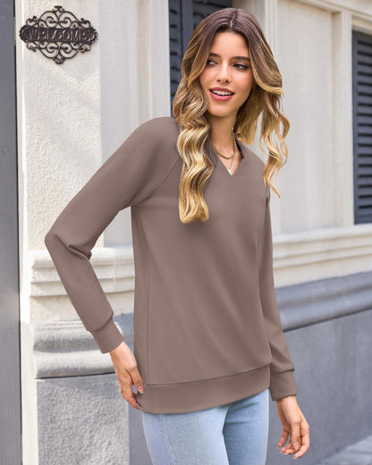 MISFAY Women's V Neck Sweatshirt Long Sleeve Pullover Tops,Coffee,L 🍁 All In One Marketplace Canada