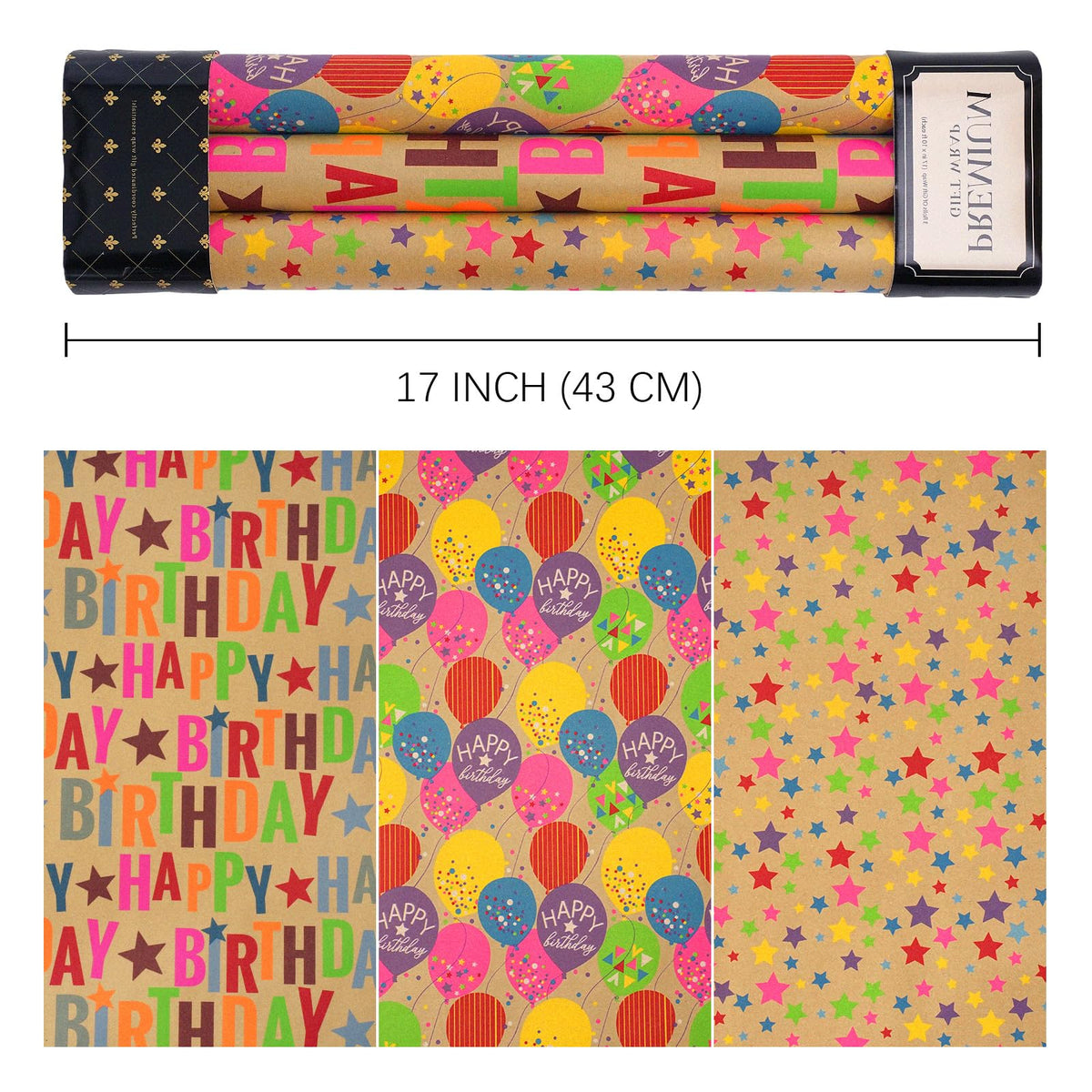 BIOBROWN Kraft Birthday Wrapping Paper 3 Rolls, Colorful Balloons & Star 🍁 All In One Marketplace Canada