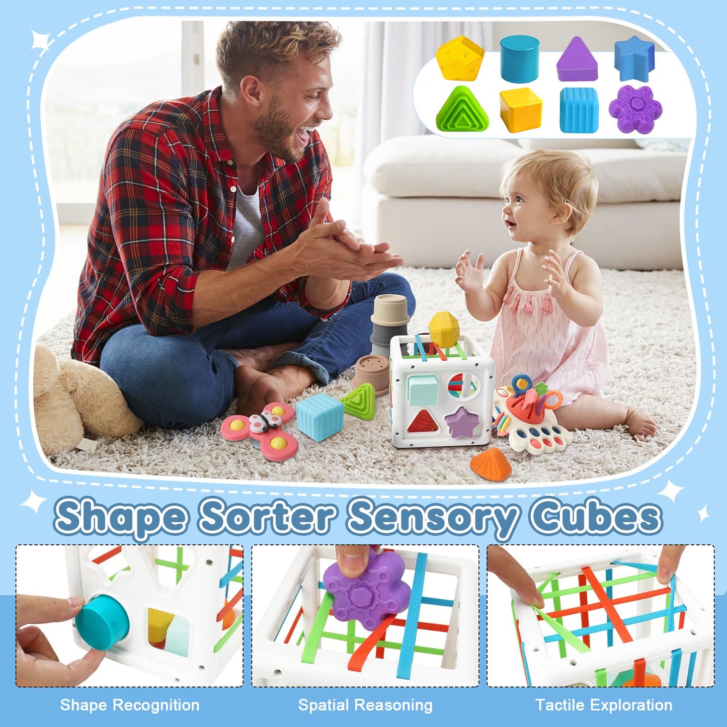 6 in 1 Baby Montessori Toys for 6-12 Months, Montessori Toys for Babies Incl Pull String Toy, Stacking Cups, Tissue Box Toy, Suction Cup Spinner Toys, Stacking Blocks, Activity Cube Gift for Boy Girl - Available at All In One Marketplace Canada