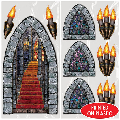 Beistle Medieval Stairway, Window & Torch Props, 9 Images, Haunted Castle Wall Decorations, Spooky Gothic Scene for Halloween Parties & Dungeon Themes, Printed Plastic Cutouts, 18” to 60”