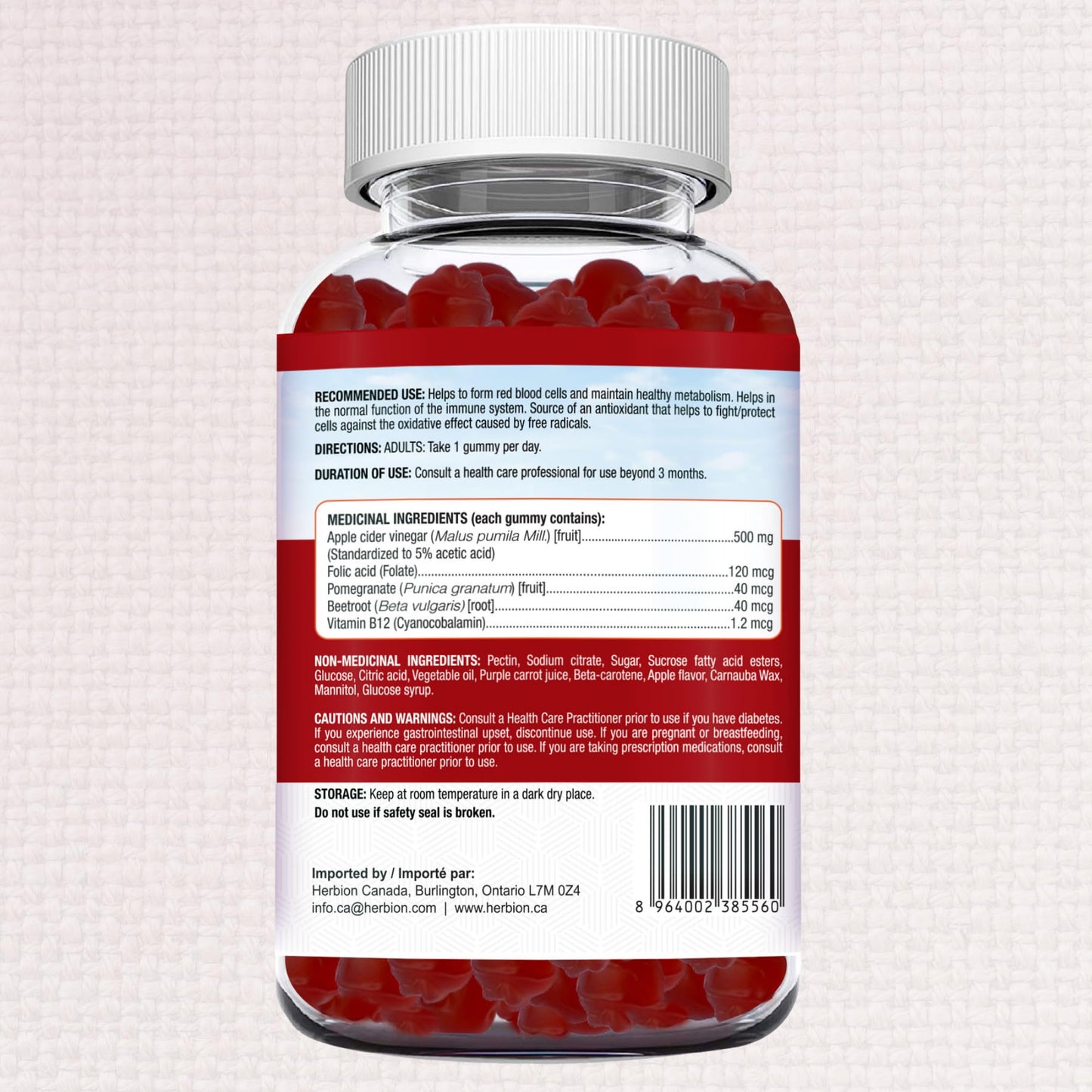 Herbion Naturals Apple Cider Vinegar Gummy with Folic Acid, Pomegranate, Beetroot & vitamin B12, source of Antioxidants to maintain Good Health & Metabolism, 60 Pectin Gummies for Adults, Apple Flavour - Available at All In One Marketplace Canada