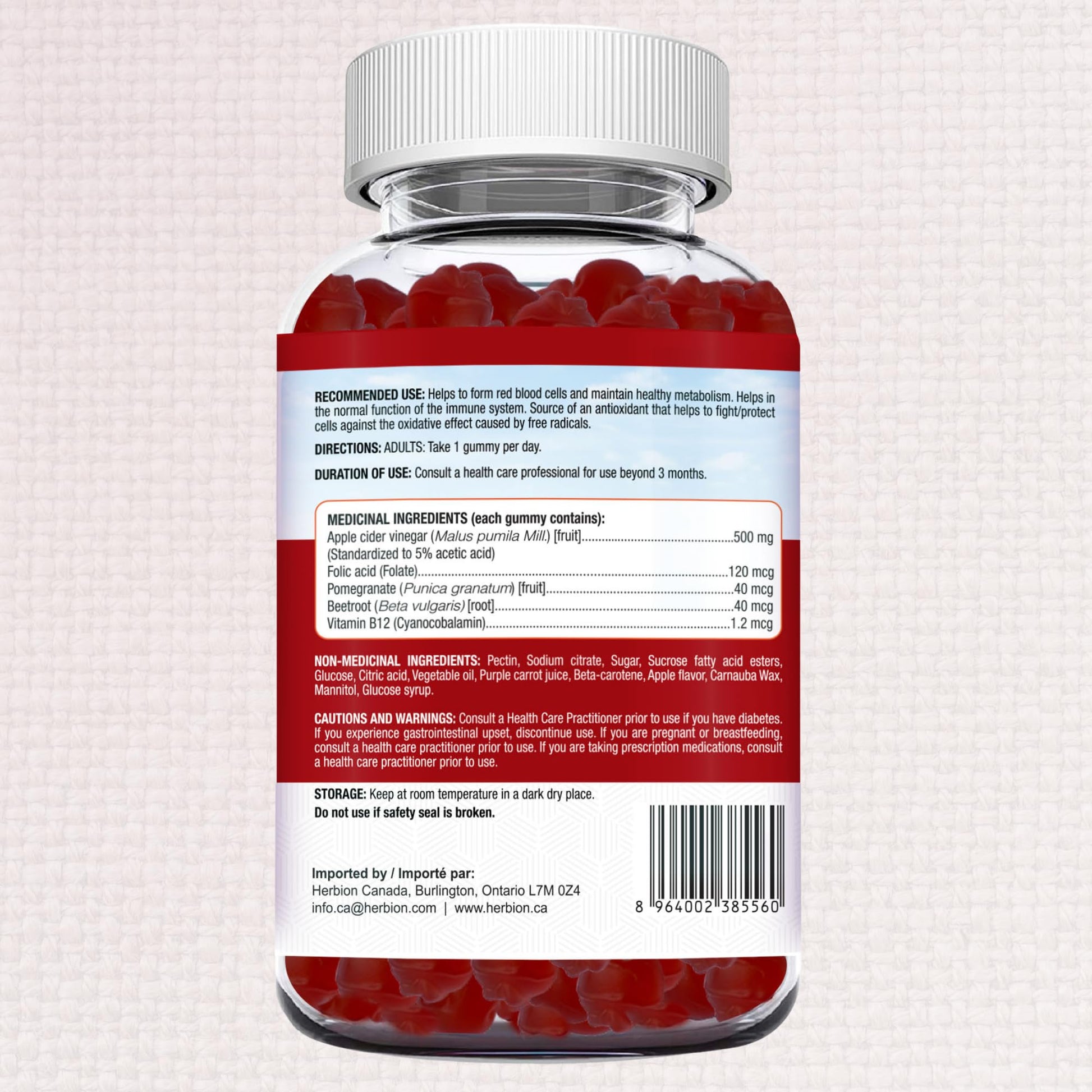Herbion Naturals Apple Cider Vinegar Gummy with Folic Acid, Pomegranate, Beetroot & vitamin B12, source of Antioxidants to maintain Good Health & Metabolism, 60 Pectin Gummies for Adults, Apple Flavour - Available at All In One Marketplace Canada