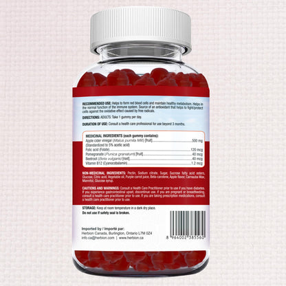 Herbion Naturals Apple Cider Vinegar Gummy with Folic Acid, Pomegranate, Beetroot & vitamin B12, source of Antioxidants to maintain Good Health & Metabolism, 60 Pectin Gummies for Adults, Apple Flavour - Available at All In One Marketplace Canada