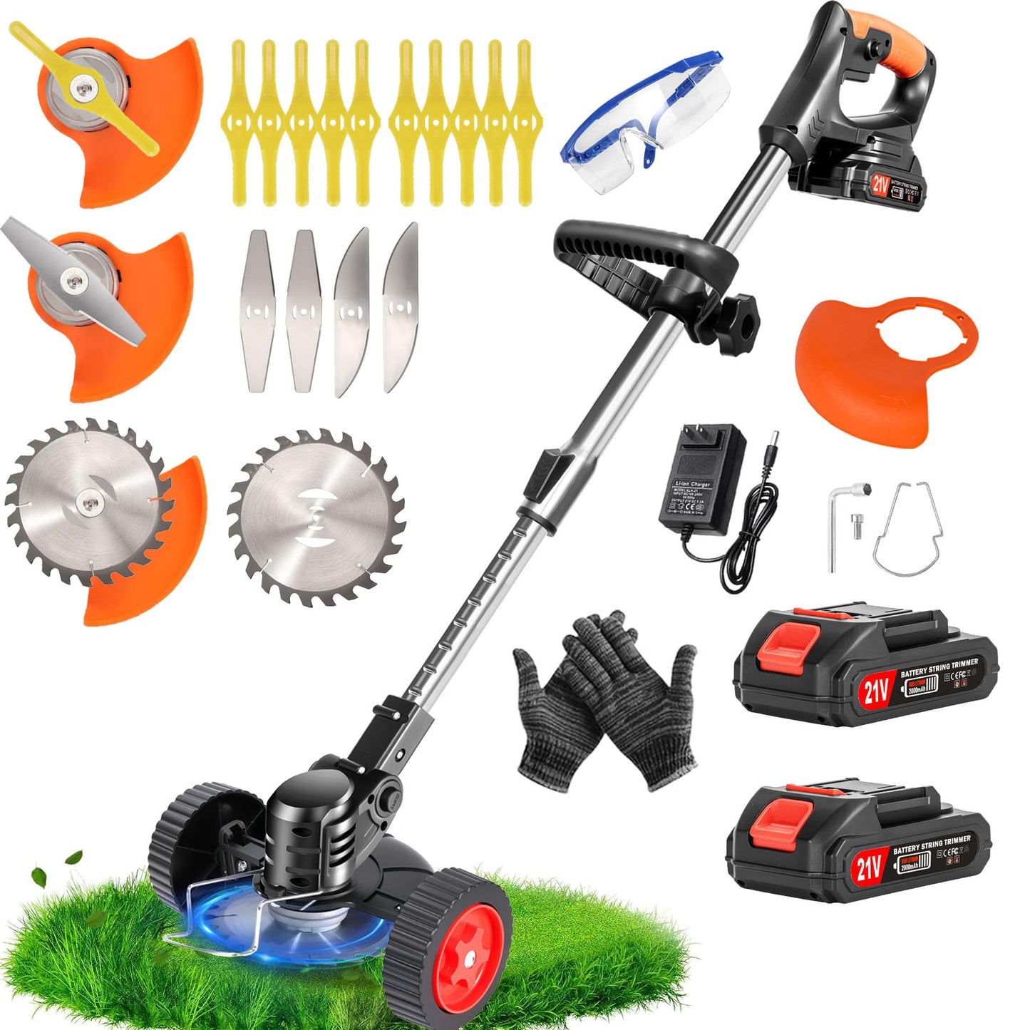 21V Cordless Weed Wacker for Thick Weeds, Lawn & Yard, 3-in-1 String Trimmer/Edger/Brush Cutter with 2 Batteries, 4 Blades & Wheels, 90° Pivot Head, Adjustable Height, Lightweight Easy for Homeowners - Available at All In One Marketplace Canada