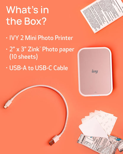 Canon Ivy 2 Mini Photo Printer (Blush Pink), Bluetooth Portable Smartphone Printer for iOS & Android, Bundle with 110 Zink Sticky-Back Photo Prints, LED Light Bar, Protective Case & USB Cable