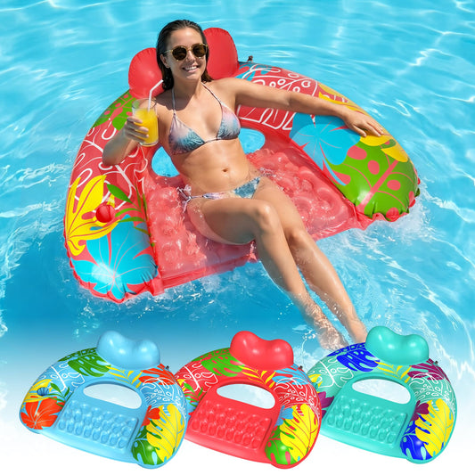 SEETOHOME 3 Pack Pool Floaties for Adults, Inflatable Pool Float Chair Adult Size with Backrest & Cup Holder Floating Pool Chair Floaties for Adults Beaches, Lakes, Rivers, Parties Water Fun