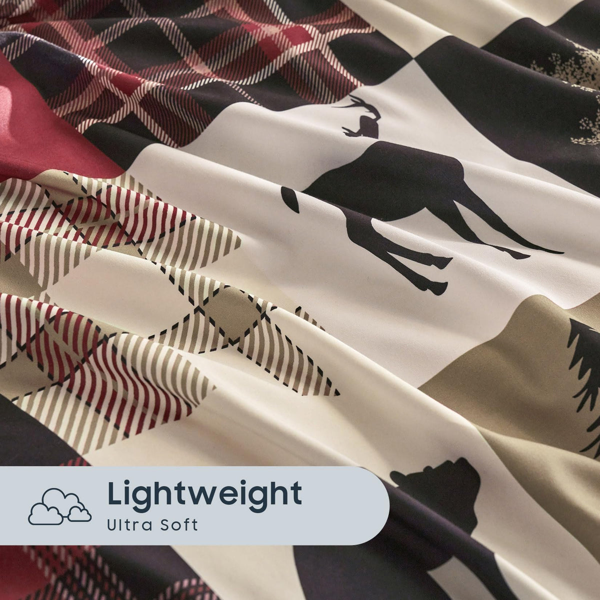 Wake In Cloud - Rustic Duvet Cover Set, Camping Christmas Farmhouse Western Patchwork Plaid Holiday Lodge Cabin RV Outdoor Wildlife Theme Bedding, 3-Piece, Burgundy Black, Queen Size 🍁 All In One Marketplace Canada