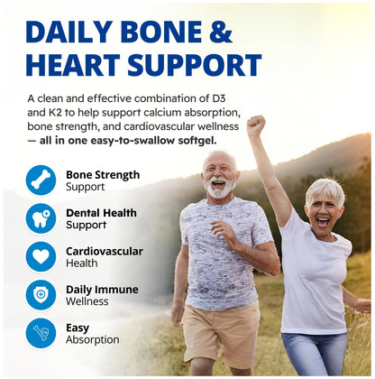 CanPrev D3 & K2 Vitamins 120 Softgels, 120-Day Supply, 1000IU Vitamin D3 & 120mcg K2, Supports Strong Bones, Teeth & Heart Wellness, Easy-to-Absorb with Organic Coconut Oil, No GMO, Gluten, Soy, Dairy