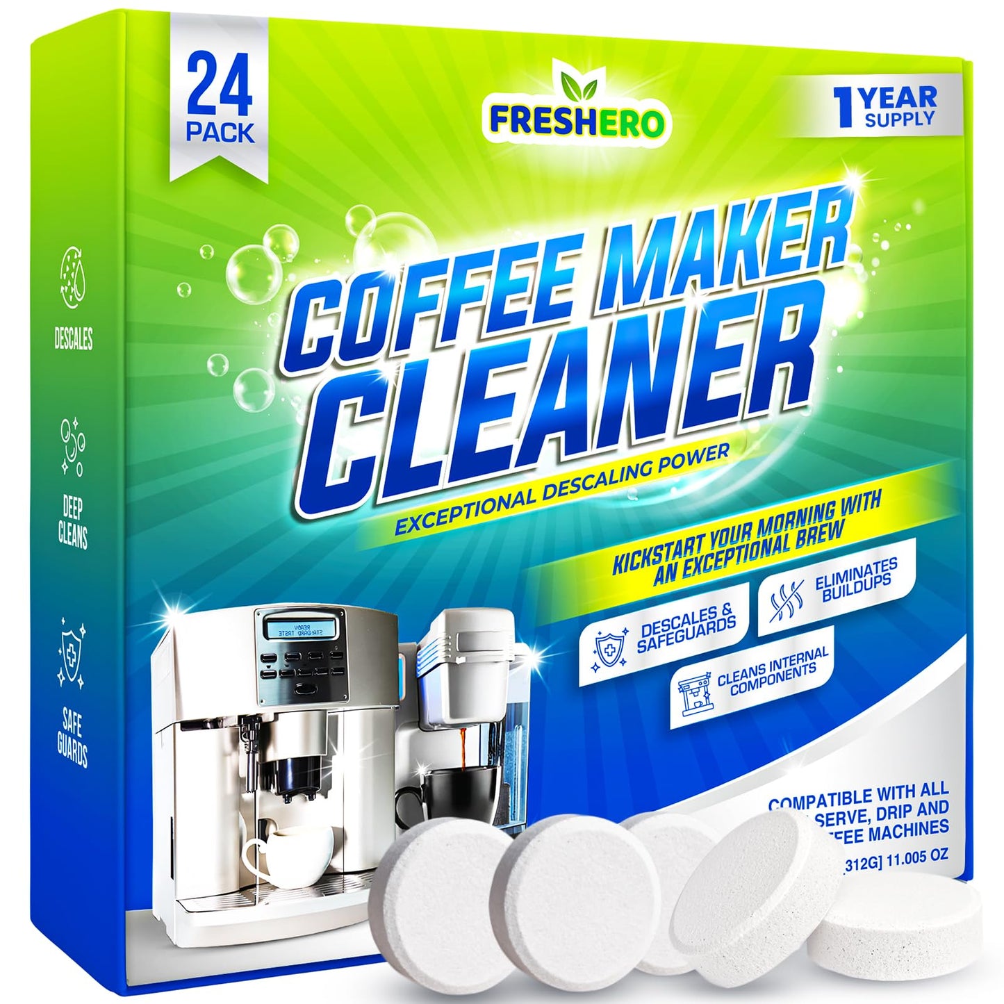 Freshero Coffee Machine Cleaner & Descaler Tablets – 24 Count, Compatible With Keurig, Breville, Ninja, Delonghi, Miele & Espresso Machines, Universal Cleaning Tabs for Coffee Maker Pots (24.0) - Available at All In One Marketplace Canada