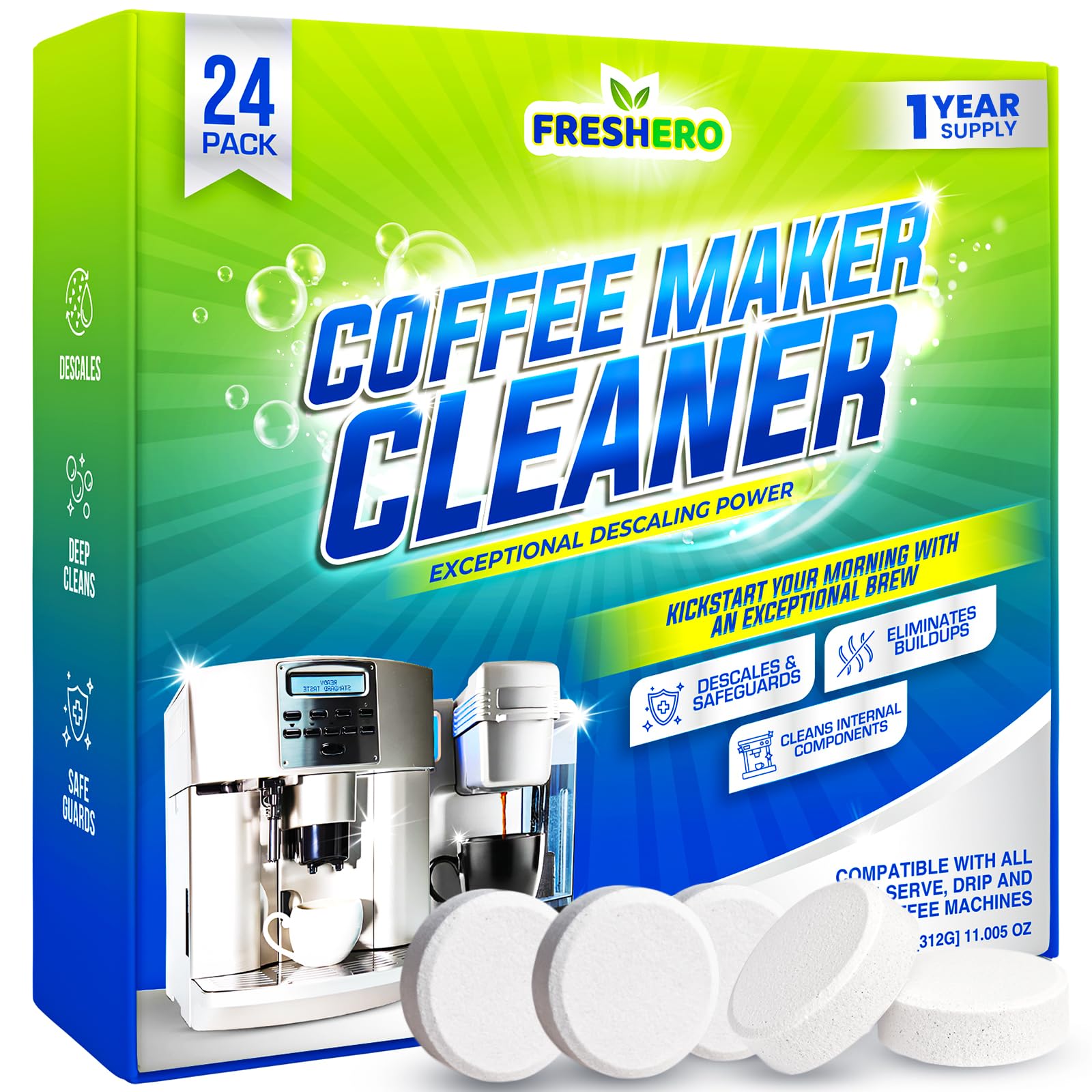 Freshero Coffee Machine Cleaner & Descaler Tablets – 24 Count, Compatible With Keurig, Breville, Ninja, Delonghi, Miele & Espresso Machines, Universal Cleaning Tabs for Coffee Maker Pots (24.0) - Available at All In One Marketplace Canada