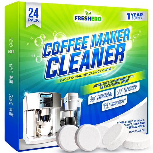 Freshero Coffee Machine Cleaner & Descaler Tablets – 24 Count, Compatible With Keurig, Breville, Ninja, Delonghi, Miele & Espresso Machines, Universal Cleaning Tabs for Coffee Maker Pots (24.0) - Available at All In One Marketplace Canada