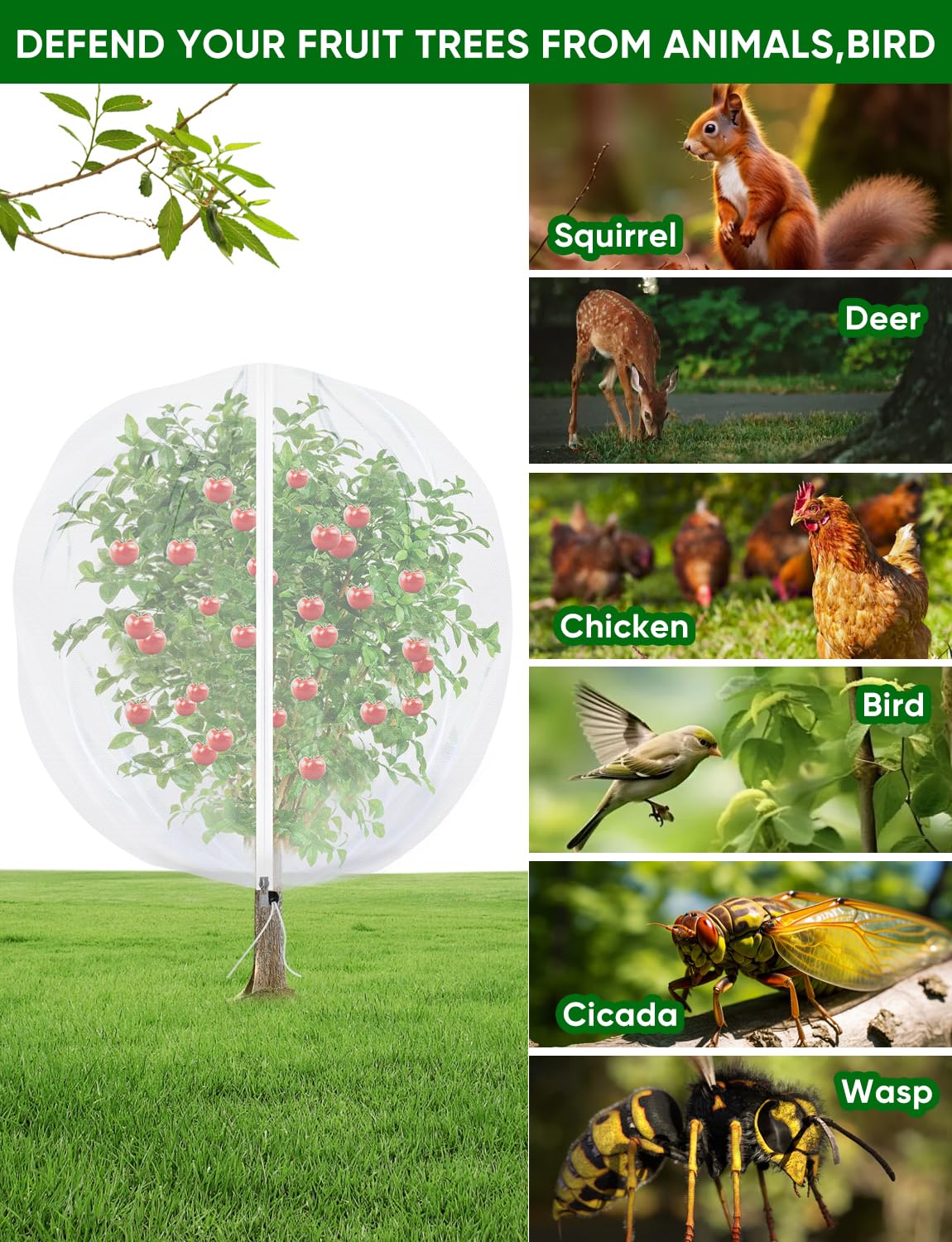 4Pack Garden Fruit Tree Netting for Cicadas with Zipper 150 x 120cm Garden Bird Mesh Netting for Blueberry Bushes with Drawstring,Insect Plant Protection Mesh Net Bags for Tomato,Cicada,Animals