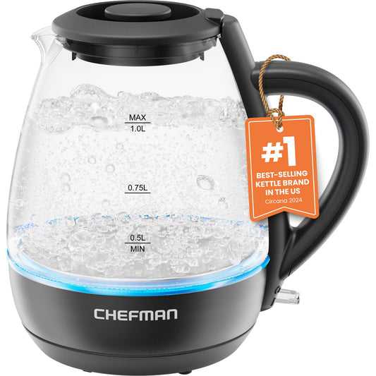 Chefman 1L Electric Tea Kettle with LED Lights, Automatic Shut Off, Removable Lid, Boil-Dry Protection, Hot Water Electric Kettle Water Boiler, Electric Kettles for Boiling Water - Available at All In One Marketplace Canada