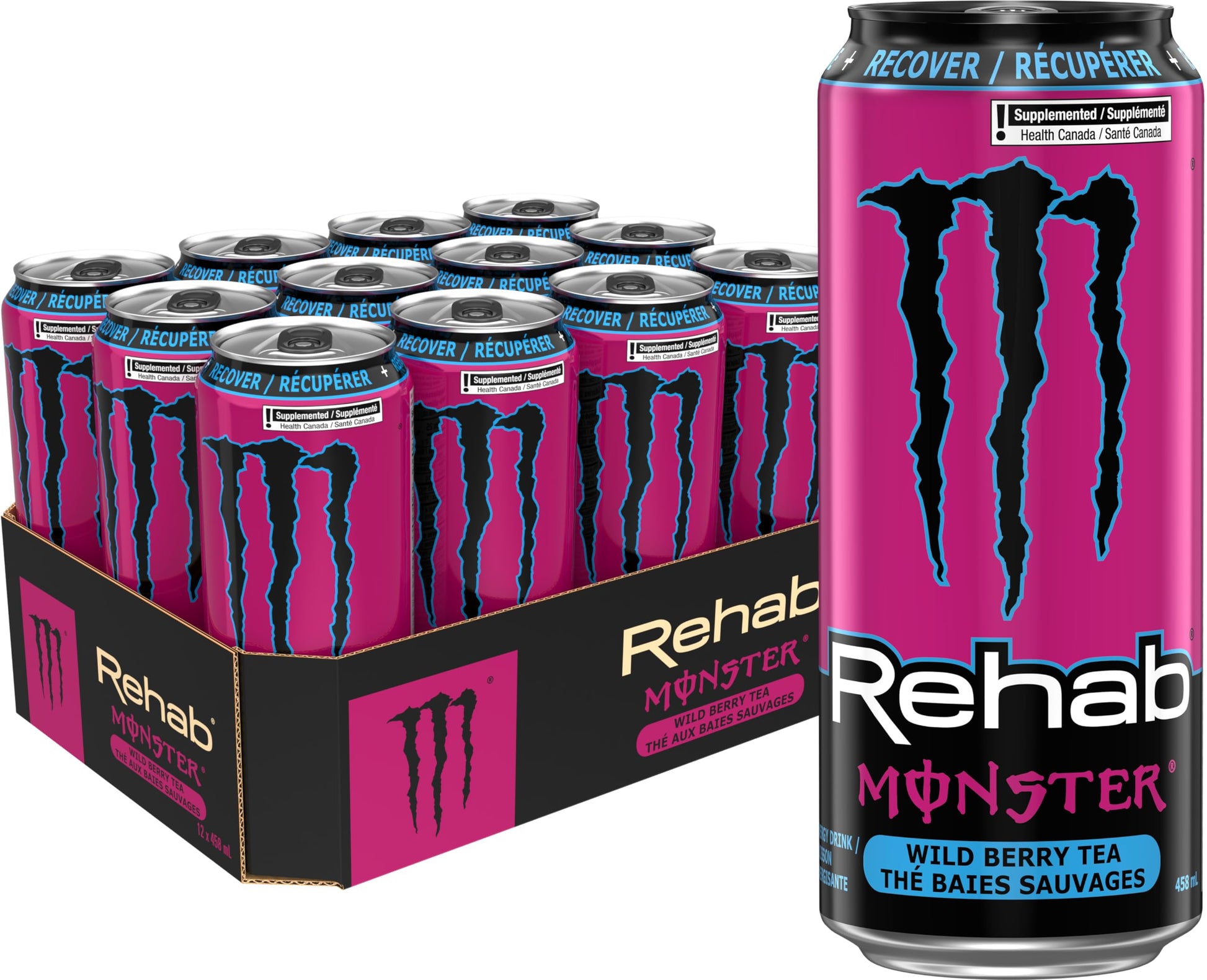 MONSTER ENERGY Rehab, Wild Berry Tea, 458 mL Cans (12 Pack) – Non-Carbonated Energy Drink Monster