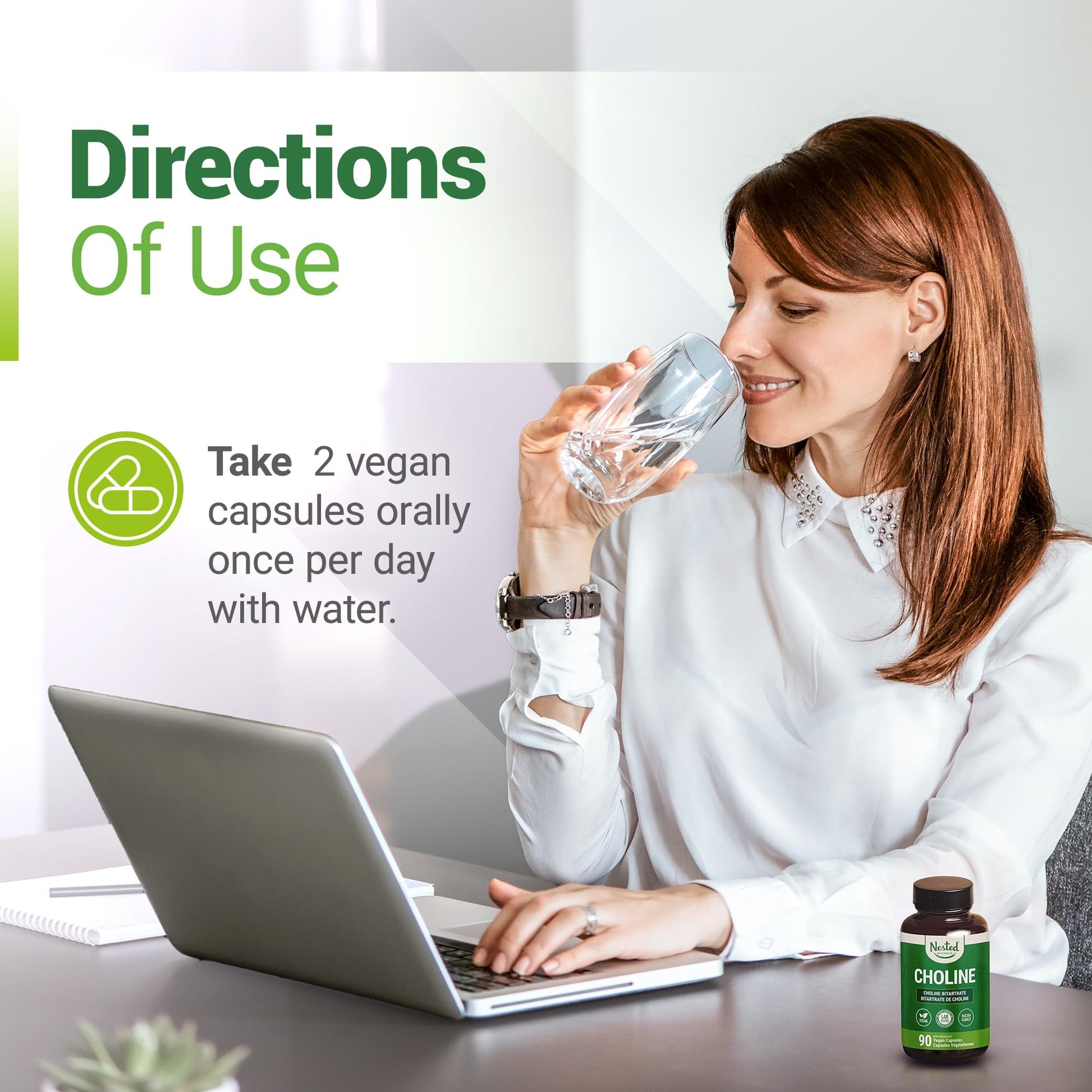 Nested Naturals Choline Bitartrate 500mg Per 2 Capsules | High Potency Choline Supplements | Supports Cognitive & Liver Function | 100% Vegan & Non-GMO Choline | 90 Vegan Capsules - Available at All In One Marketplace Canada