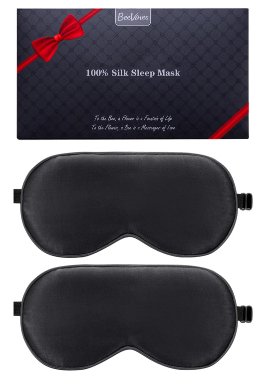 BeeVines Silk Sleep Mask for Men, 2 Pack 100% Natural Mulberry Silk Eye Mask with Adjustable Strap, Sleeping Aid Blindfold for Nap, Soft Eye Sleep Shade Cover, 100% Blocks Light Reduces Puffy Eyes (Black)