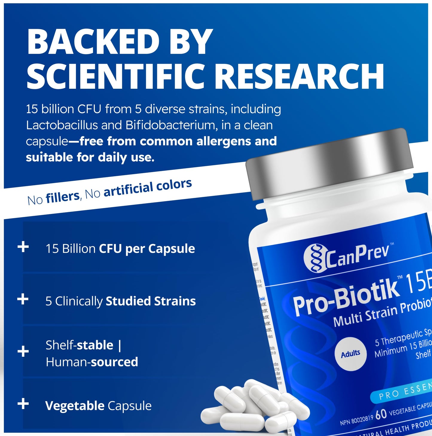 CanPrev Pro-Biotik 15 Billion CFU, 60 V-Caps 60-Day Supply - Non-GMO & Gluten-Free - Advanced Gut Health Formula with 5 Probiotic Strains Supplement - Supports Digestive Balance and Eases Bloating - Available at All In One Marketplace Canada