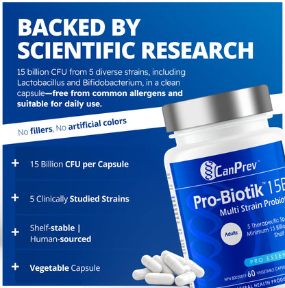 CanPrev Pro-Biotik 15 Billion CFU, 60 V-Caps 60-Day Supply - Non-GMO & Gluten-Free - Advanced Gut Health Formula with 5 Probiotic Strains Supplement - Supports Digestive Balance and Eases Bloating - Available at All In One Marketplace Canada