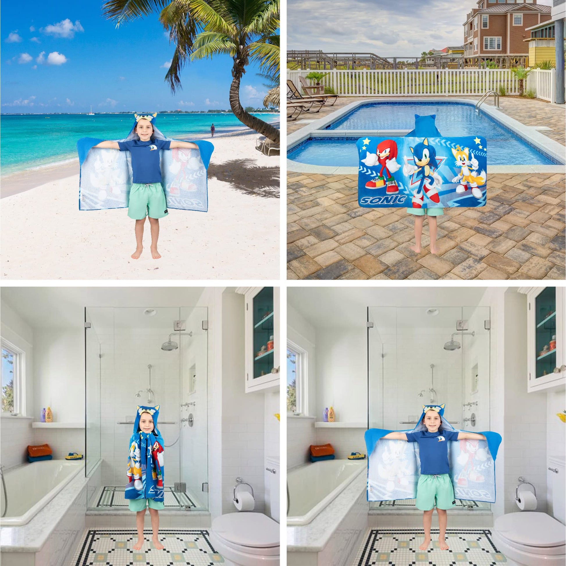 Franco Kids Bath and Beach Super Soft Cotton Hooded Towel Wrap, 24 in x 50 in, Sonic The Hedgehog Franco