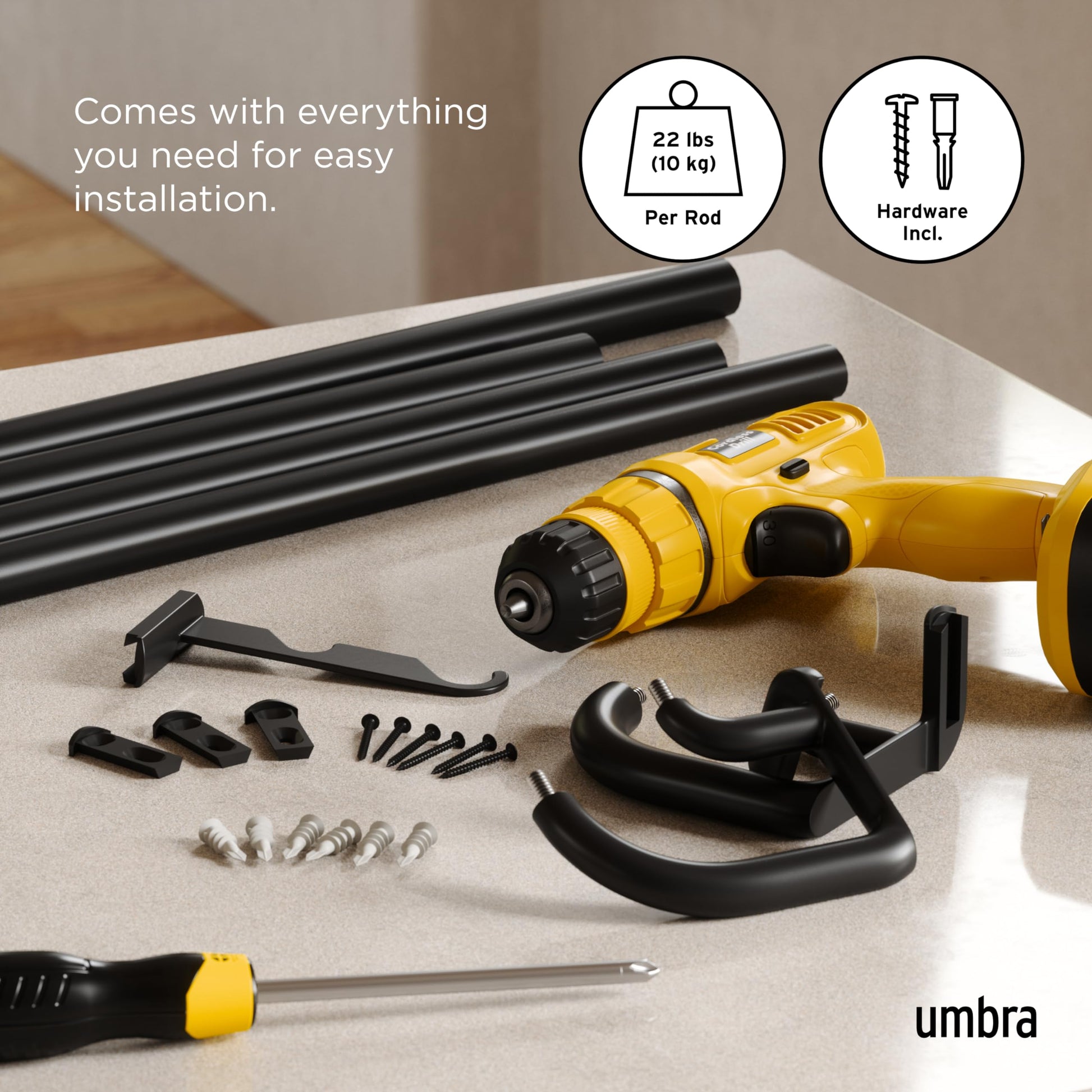 Umbra Twilight Double Curtain Rod Set – Wrap Around Design Ideal for Blackout or Room Darkening Panels, 66 to 144 Inches, Black Umbra