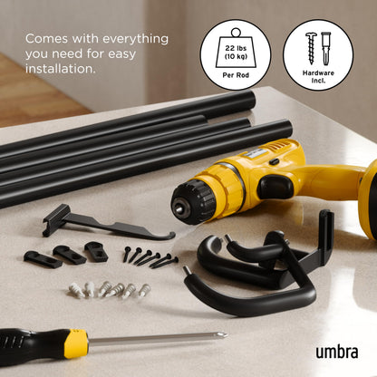 Umbra Twilight Double Curtain Rod Set – Wrap Around Design Ideal for Blackout or Room Darkening Panels, 66 to 144 Inches, Black Umbra
