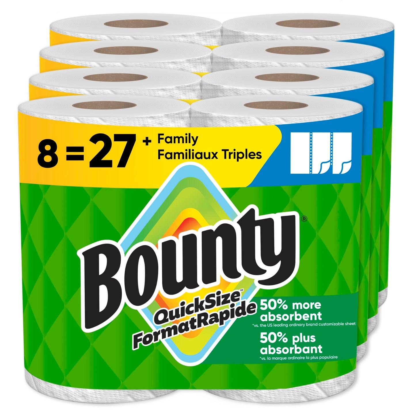 Bounty Paper Towels Quick-Size, White, 8 Family Triple Rolls = 27 Regular Rolls