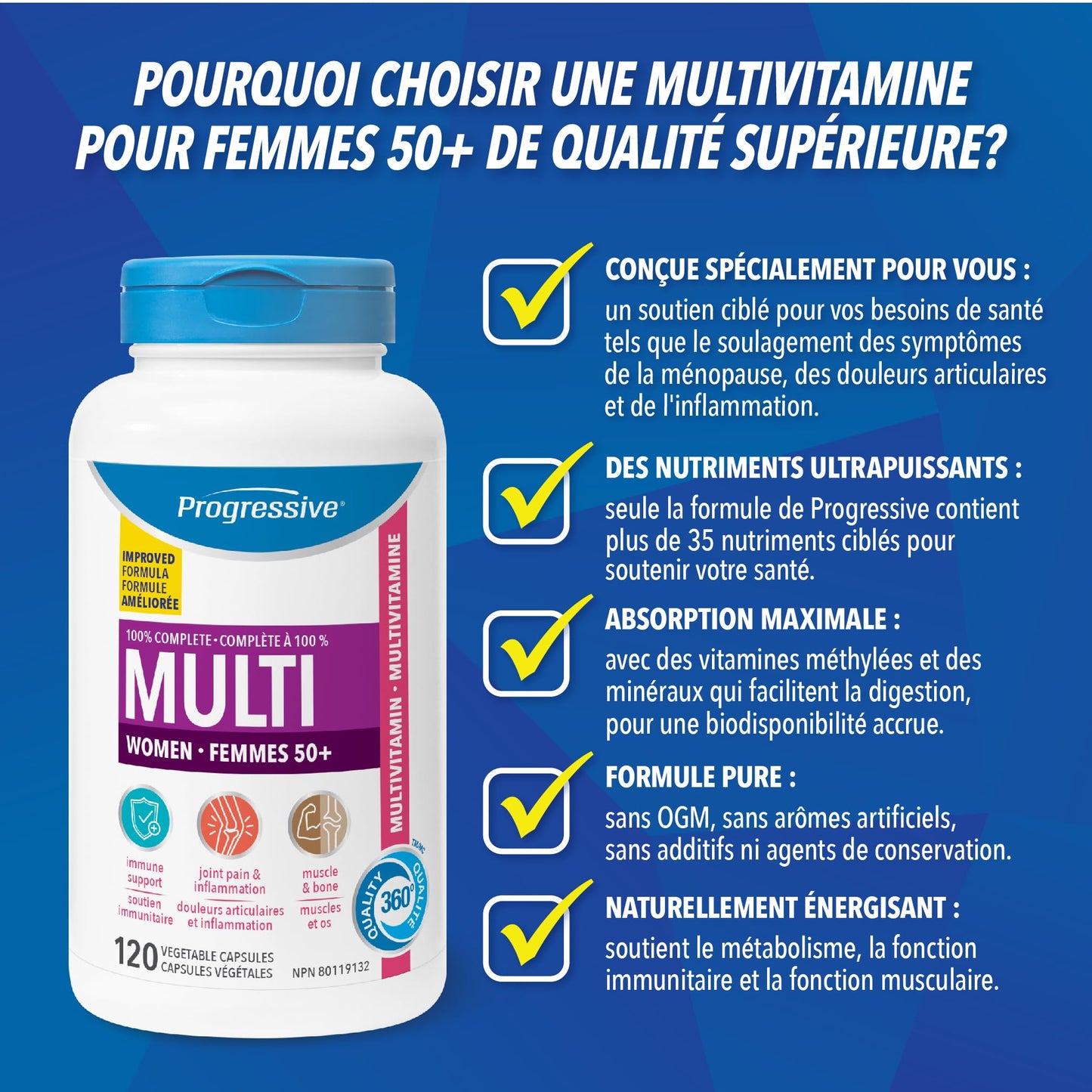 Progressive Advanced Multivitamin for Women 50+, with Black Cohosh, Chastetree, Maca, Turmeric, and CoQ10. Supports Menopause, Immunity, Heart Health, Joint Health, and Inflammation, 100% Complete, Canadian-Made, 120 Count - Available at All In One Marketplace Canada