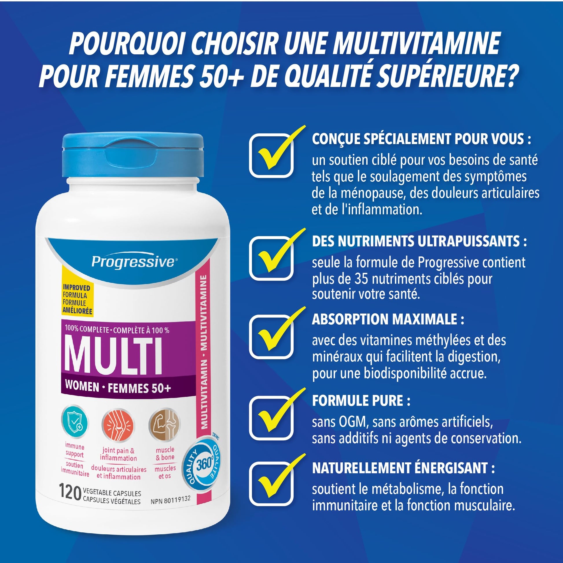 Progressive Advanced Multivitamin for Women 50+, with Black Cohosh, Chastetree, Maca, Turmeric, and CoQ10. Supports Menopause, Immunity, Heart Health, Joint Health, and Inflammation, 100% Complete, Canadian-Made, 120 Count - Available at All In One Marketplace Canada