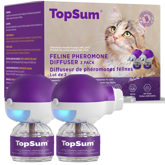 TopSum Cat Pheromone Diffuser: Cat Calming Diffuser for Spraying, Scratching, Excessive Meowing & Multi-Cat Homes, Ideal for Cats Alone at Home - VHP Registered NN.Z4H1 (2 Diffusers+2 Refills)