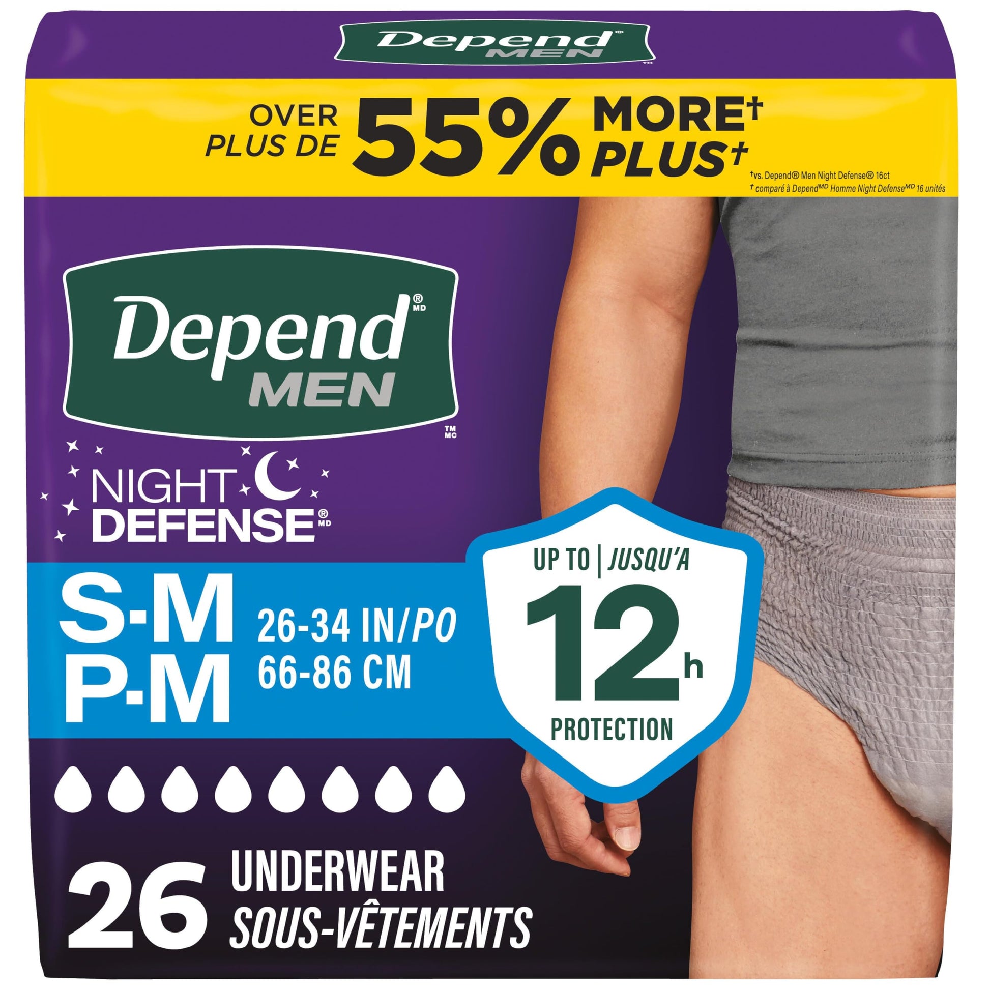Depend Night Defense Adult Incontinence Underwear for Men, Disposable, Overnight, Small/Medium, Grey, 26 Count, Packaging May Vary Depend