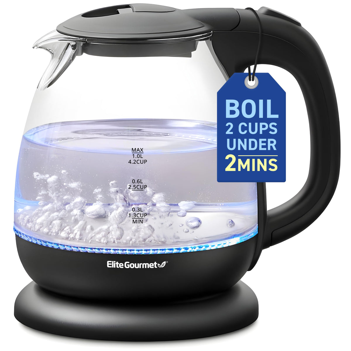 Elite Gourmet EKT1001B Electric BPA-Free Glass Kettle, Cordless 360° Base, Stylish Blue LED Interior, Handy Auto Shut-Off Function – Quickly Boil Water for Tea & More, 1L, Graphite Black